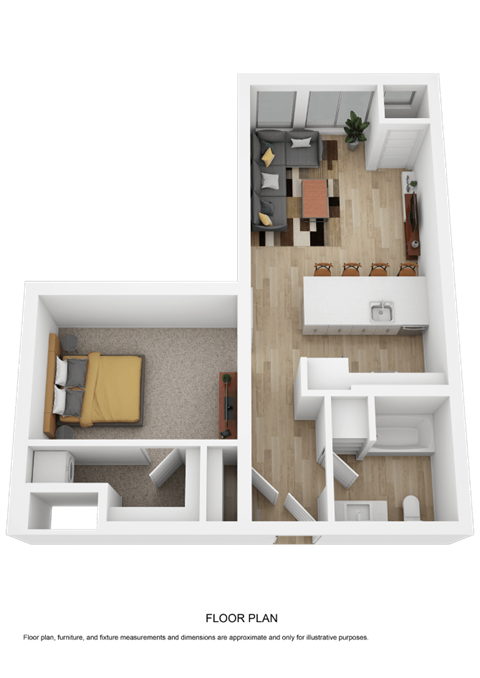 A top down view of a small apartment with a living room, kitchen, and bedroom.